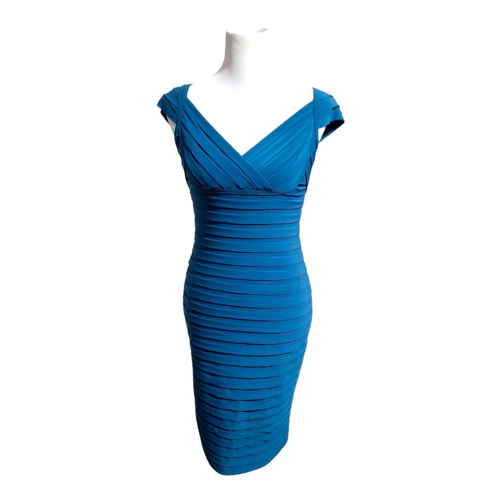 Adrianna Papell Deep Teal Blue Ribbed Bodycon Midi Dress - Picture 2 of 5